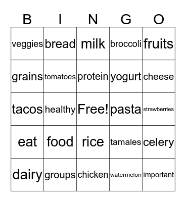 My Plate Food Groups Bingo Card