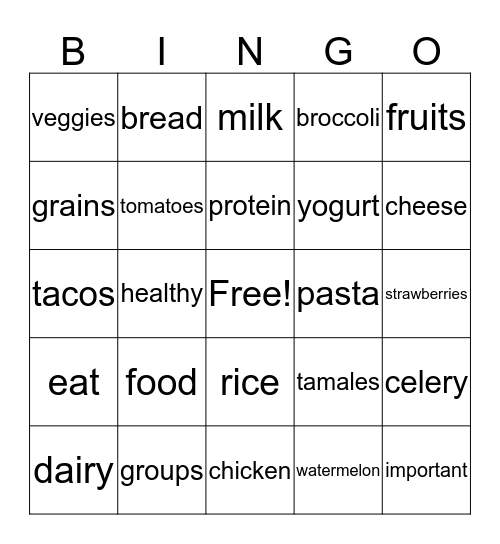 My Plate Food Groups Bingo Card