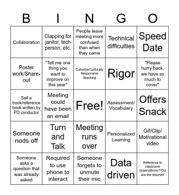 Teacher PD Bingo Card