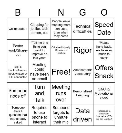 Teacher PD Bingo Card