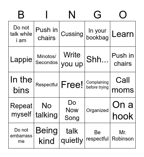 Classroom Bingo Card