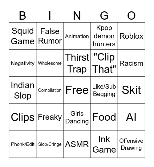 Youtube Shorts Bingo Card