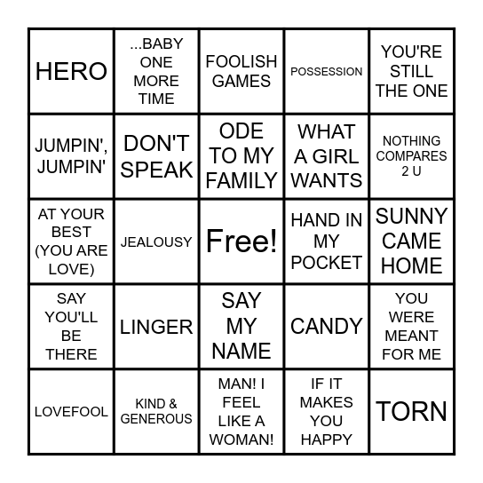 LADIES OF THE 90s Bingo Card