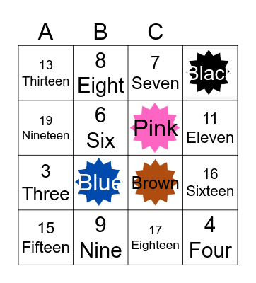 Numbers and Colors Bingo Card