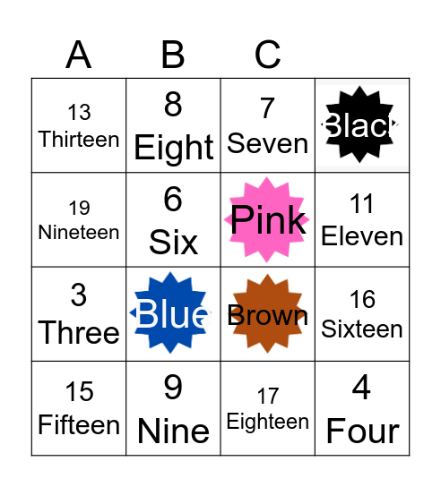 Numbers and Colors Bingo Card