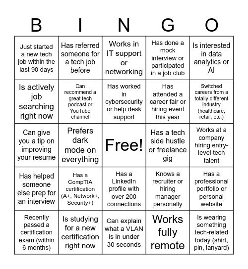 Tech Impact Networking Bingo Card