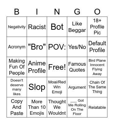 Youtube Shorts Comments Bingo Card