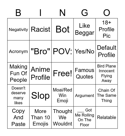 Youtube Shorts Comments Bingo Card