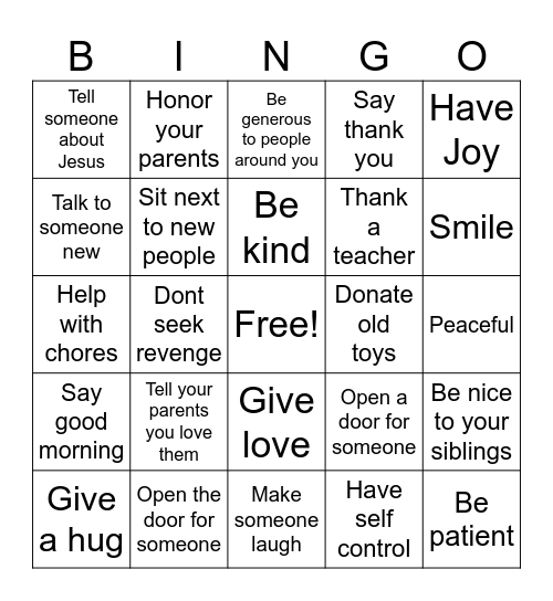 Kindness Bingo Card