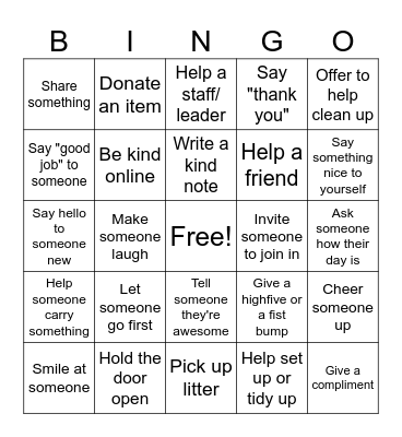 Random Acts Of Kindness Bingo Card