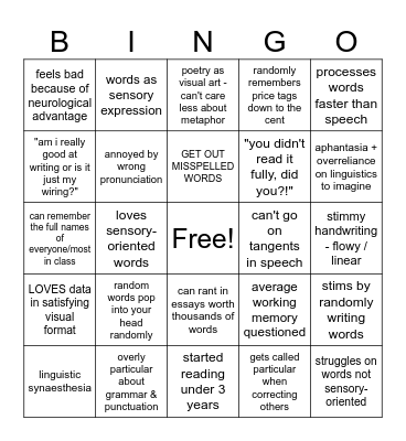 hyperlexia II adjacent bingo Card