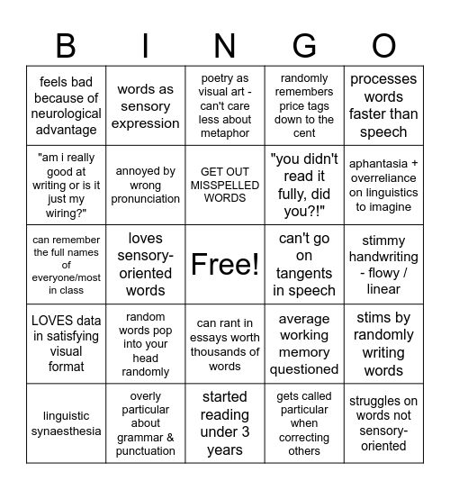 hyperlexia II adjacent bingo Card