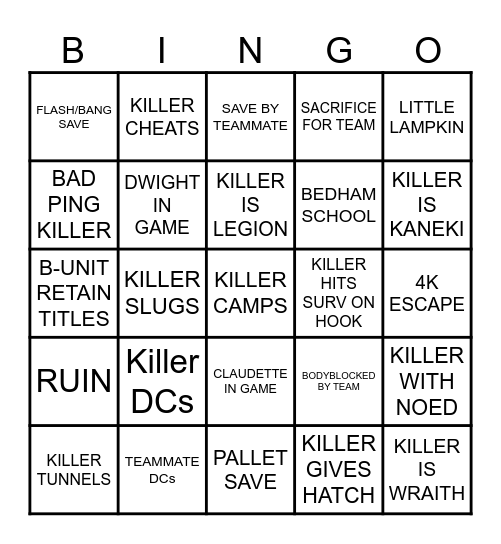 Dead By Daylight Bingo Card