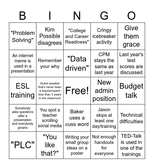 In Service Week Bingo Card