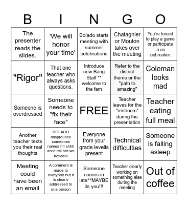 Back to BANG Teacher PD Bingo Card