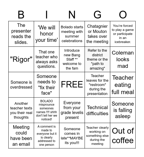 Back to BANG Teacher PD Bingo Card