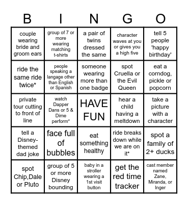 Disney Day Bingo Card