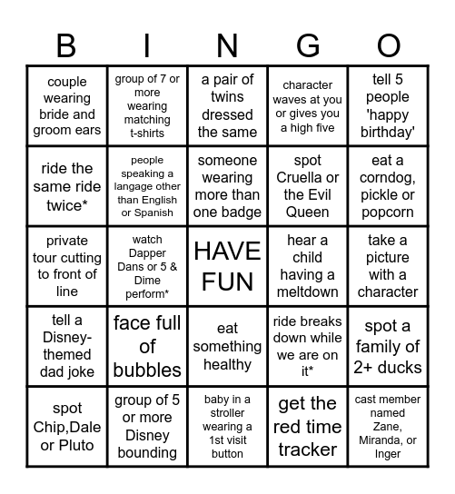 Disney Day Bingo Card