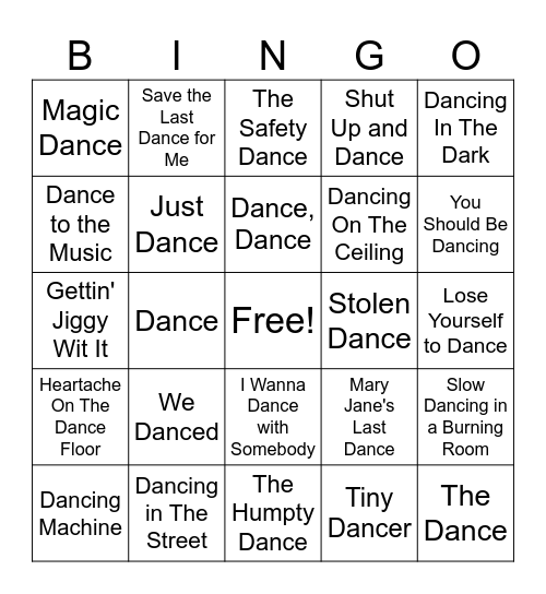 Dance Dance Bingo Card