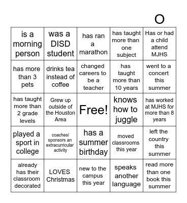 MJHS Bingo Card