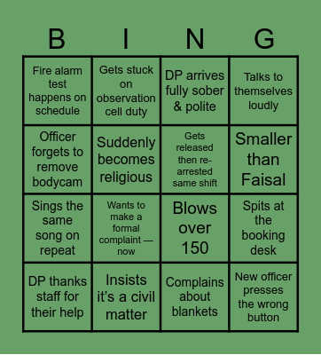 Custody Bingo Card