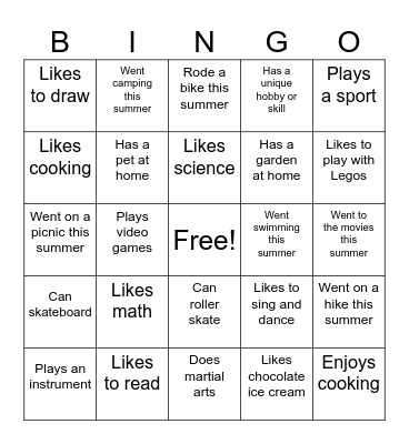 Interest Bingo Card