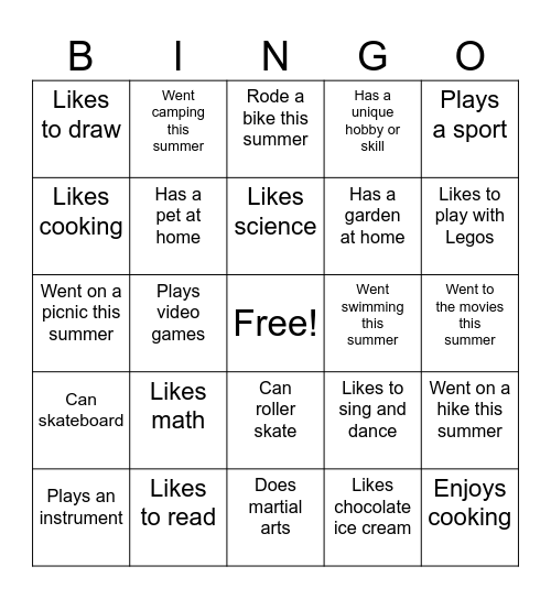 Interest Bingo Card