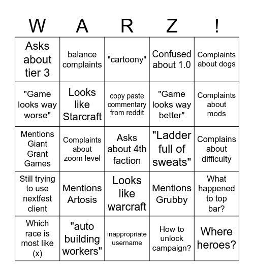 Stormgate Bingo Card