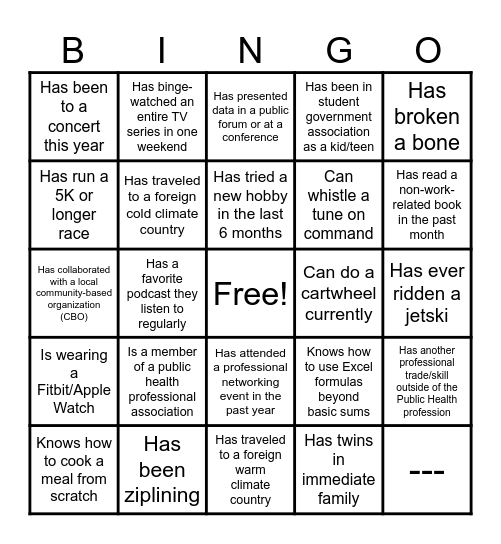 Population Health Bingo Card