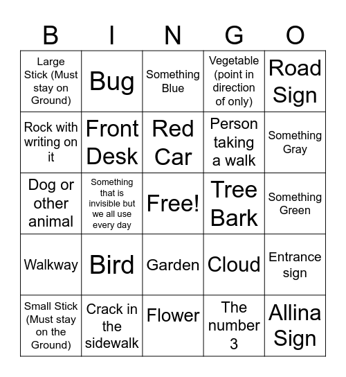 Scavenger Hunt Walk Bingo Card