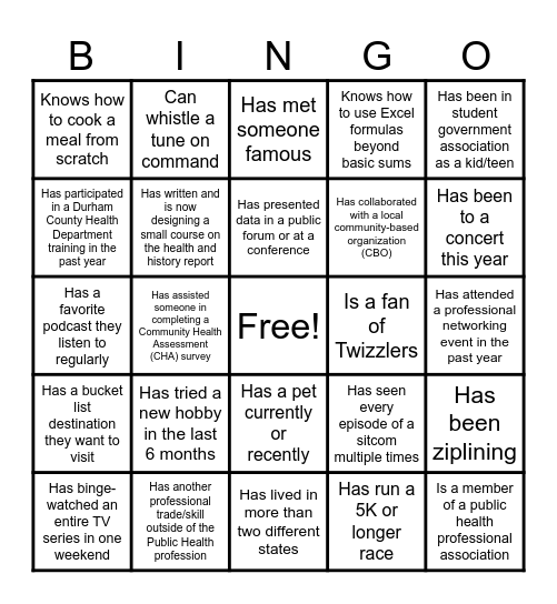 Population Health Bingo Card