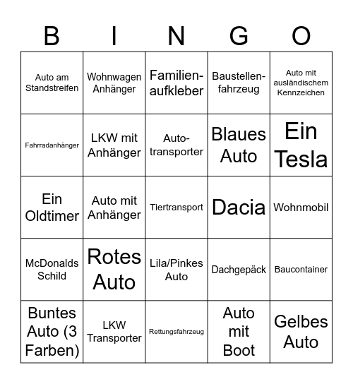 Autobahn Bingo Card