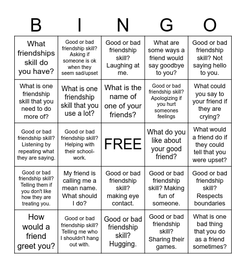 Friendship skills Bingo Card