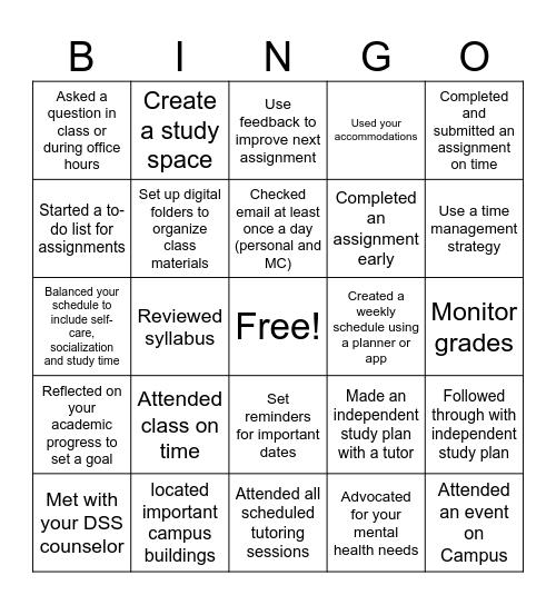 First Year College Experience Bingo Card