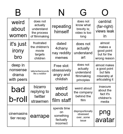 cartoon movie review bingo Card