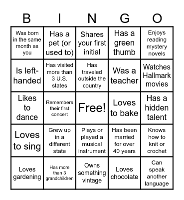Women's Club Get To Know You Bingo Card