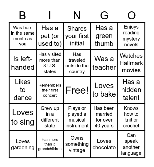Women's Club Get To Know You Bingo Card