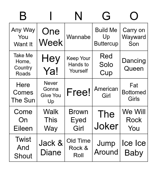 Sing Alongs Bingo Card