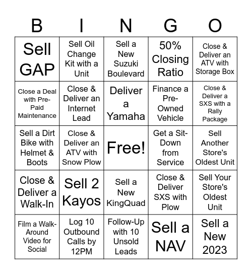 Beaver Falls Sales BINGO Card