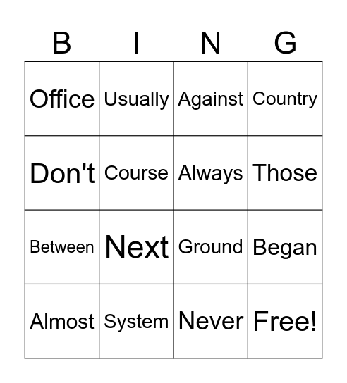 High Frequency Word Bingo Card