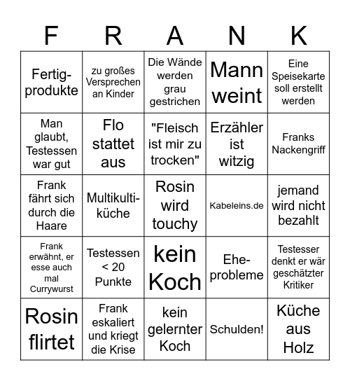 Das ultimative Rosin Restaurants Bingo Card