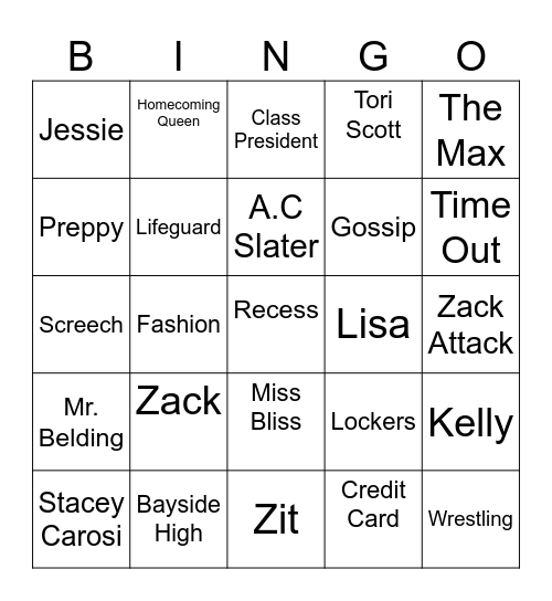Saved by the Bell Bingo Card