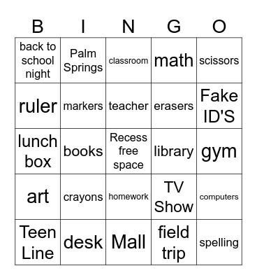 Back to School Bingo Card