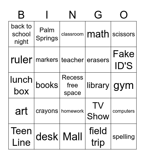 Back to School Bingo Card