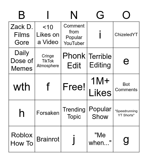 YouTube Shorts Bingo Card