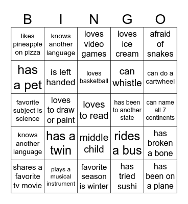 Get to Know your Classmate Bingo Card