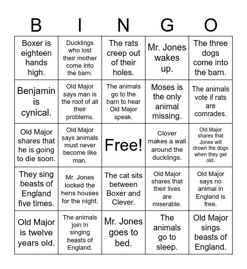 Animal Farm Chapter One Bingo Card