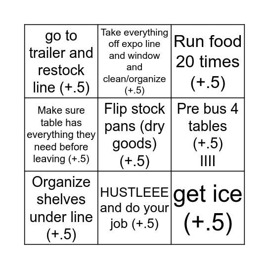 Runner -EXPO must sign off at the end of night  Bingo Card