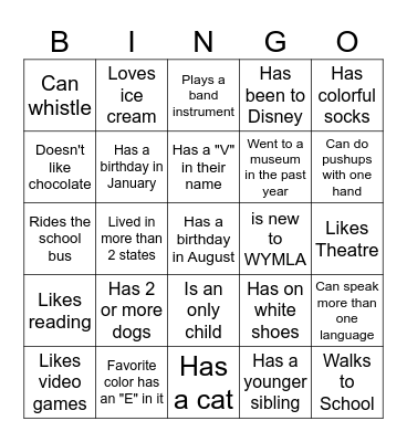 Middle School BINGO: Find someone who... Bingo Card