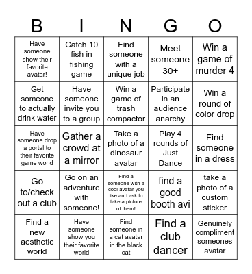 VRChat activities Bingo Card